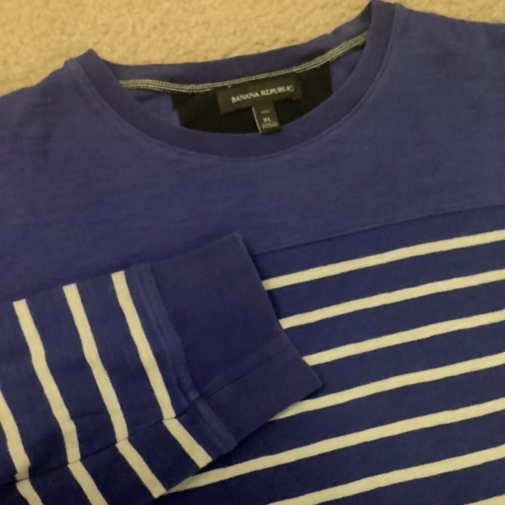 Banana Republic Men’s XL Tall Royal Blue Cream 100% Cotton Striped Sweater EUC - Picture 5 of 8